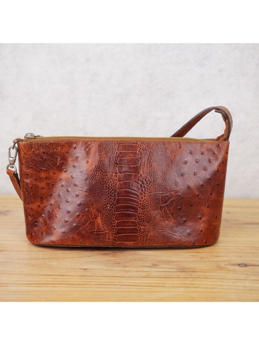 Prune Womens Brown Ostrich Leather HandBag Stylish Shoulder Bag Zippered Pouch - Picture 3 of 15